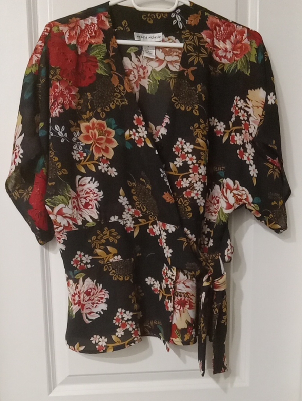 Kimono Style  Black Floral Wrap Blouse with Red & Cream Blooms